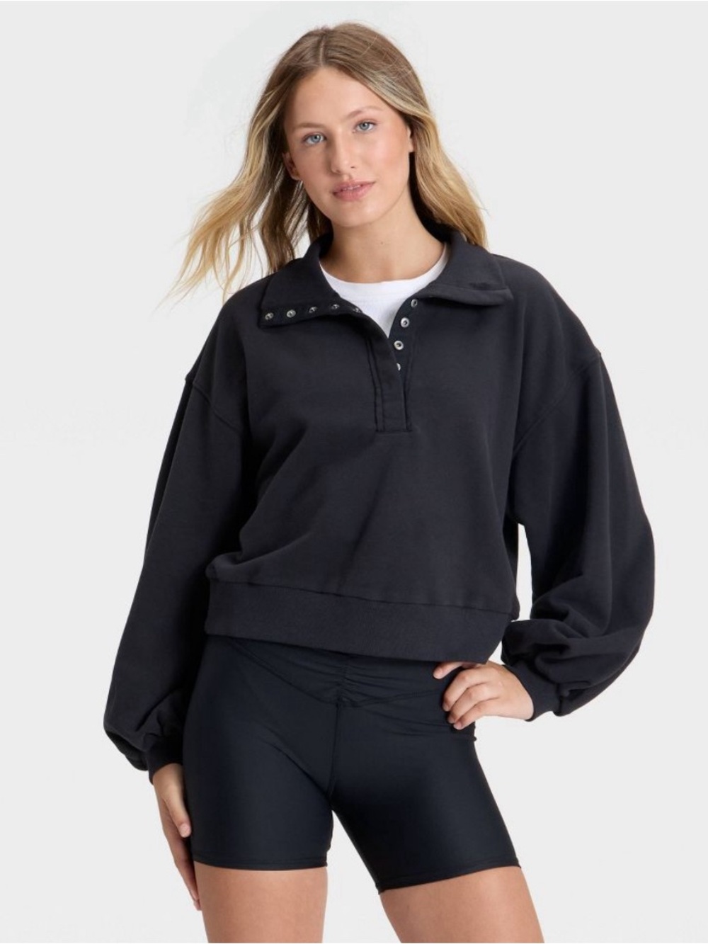 NWT-JoyLab - Women's Henley French Terry Sweatshirt -Black XXS cropped